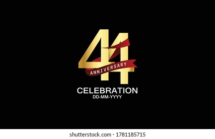 44 year anniversary red ribbon celebration logotype. anniversary logo with Red text and Spark light gold color isolated on black background, design for celebration, invitation - vector