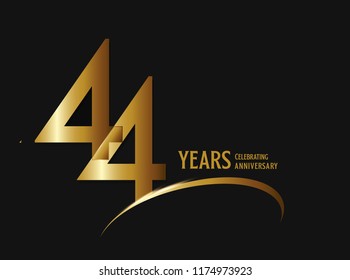 44 years anniversary celebration design. anniversary logo with swoosh and golden color isolated on black background, vector design for greeting card and invitation card.