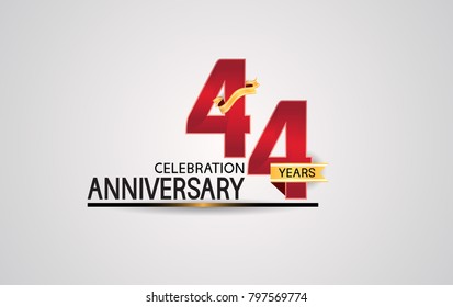 44 years anniversary celebration design with elegance red color and golden ribbon isolated on white background for celebration event