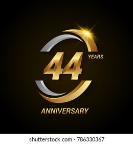 44 Years Anniversary Celebration Logotype. Golden Elegant Vector Illustration with Swoosh, Isolated on Black Background can be use for Celebration, Invitation, and Greeting card