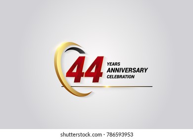 44 Years Anniversary Celebration Logotype. Red Elegant Vector Illustration with Gold Swoosh, Isolated on Black Background can be use for Celebration, Invitation, and Greeting card