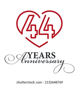 44 years anniversary celebration number thirty bounded by a loving heart red modern love line design logo icon white background