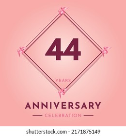 44 years anniversary celebration with purple frame isolated on soft pink background. Creative design for happy birthday, wedding, ceremony, event party, marriage, invitation card and greeting card.
