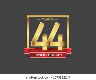 44 years anniversary design logotype golden color with square and red ribbon for celebration event isolated on black background