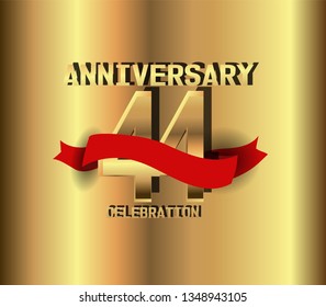 44 years Anniversary golden font with golden background and red ribbon. Red ribbon on top golden font number. Font with shadow.