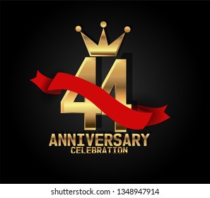 44 years Anniversary golden font with black background and red ribbon, and golden crown. Font with shadow and ribbon on top golden font. crown on the text. simple, luxury, and elegant design