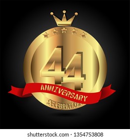 44 years anniversary with golden font, circle, crown, and star with red ribbon. anniversary text on top ribbon. Design like coin or medal with crown on top. My all design can see in my portofolio