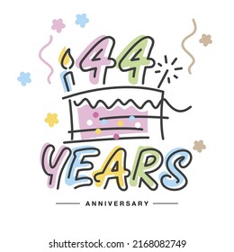 44 Years Anniversary handwritten typography lettering Greeting card with colorful big cake, sparkle firework, number, candle and confetti