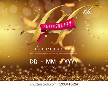 44 years anniversary logo template on gold background. 44th celebrating golden numbers with red ribbon vector and confetti isolated design elements