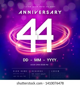 44 years anniversary logo template on purple Abstract futuristic space background. 44th modern technology design celebrating numbers with Hi-tech network digital technology concept design elements.