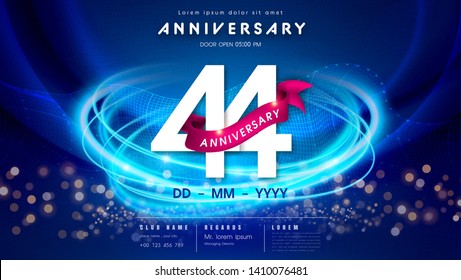 44 years anniversary logo template on dark blue Abstract futuristic space background. 44th modern technology design celebrating numbers with Hi-tech network digital technology concept design elements.