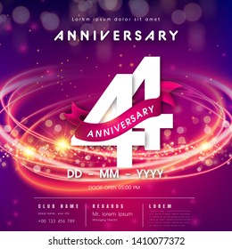 44 years anniversary logo template on purple Abstract futuristic space background. 44th modern technology design celebrating numbers with Hi-tech network digital technology concept design elements.