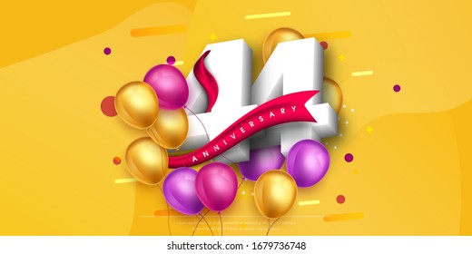 44 years anniversary logo template design on yellow background and balloons. 44th anniversary celebration background with red ribbon and balloons. Party poster or brochure template. Vector illustratio