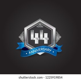 44 years anniversary logotype design with blue ribbon, silver hexagon, and ornament isolated on dark background. Vector template for celebration company event, greeting card, and invitation card