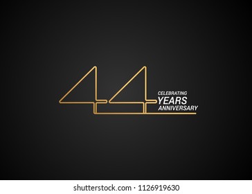 44 Years anniversary logotype with golden colored font numbers made of one connected line, isolated on black background for company celebration event, birthday