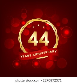 44 years anniversary. Anniversary template design with gold number and red ribbon, design for event, invitation card, greeting card, banner, poster, flyer, book cover and print. Vector Eps10