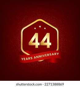 44 years anniversary. Anniversary template design with gold number and red ribbon, design for event, invitation card, greeting card, banner, poster, flyer, book cover and print. Vector Eps10