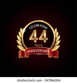 44 years gold anniversary celebration logo with red ribbon , isolated on dark background