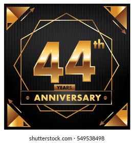 44 years golden anniversary logo celebration with ring and ribbon. Greeting card and cover template.