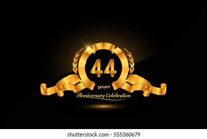 44 years golden anniversary logo celebration with ribbon and laurel.