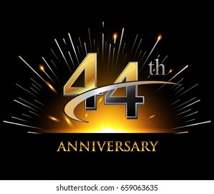 44 years golden anniversary logo celebration with firework and swoosh on dark background