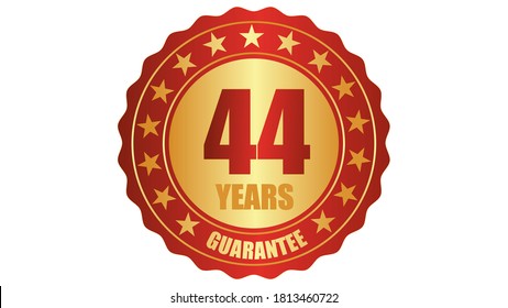 44 years guarantee stamp icon or a guarantee tag, badge, label, original certified concept seal vector illustration, logo isolated on white background and golden red text