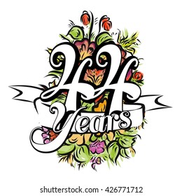 44 Years with nice bouquet of flowers, Greeting Card Design, Vector Hand Drawn Artwork