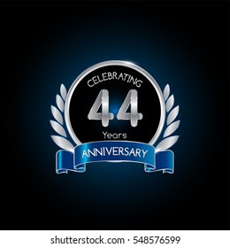 44 years silver anniversary celebration logo with blue ribbon , isolated on dark background