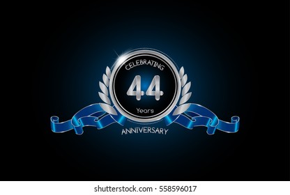 44 years silver anniversary celebration logo with red ribbon , isolated on dark background