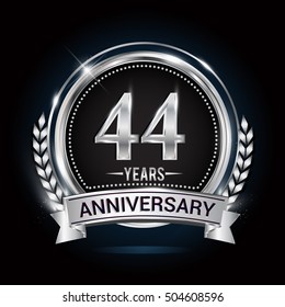 44 years silver anniversary logo with laurel wreath, ribbon and silver ring. vector design