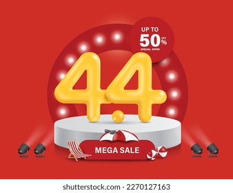 4.4 yellow 3D place and display on white round podium and in front there is promotional sign in mega sale campaign and above there is 50% off sign,vector for Promotion on four day of four month