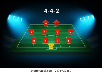 4-4-2 football team formation template. Soccer players with numbers. Vector template