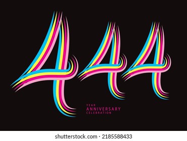 444 Zahlendesign-Vektorgrafik, grafisches T-Shirt, 444 Jahre Jubiläum gefeiert logotype farbige Linie, 444. Geburtstagslogo, Banner-Vorlage, Logo-Nummern Elemente für Einladungskarte, Poster, T-Shirt.