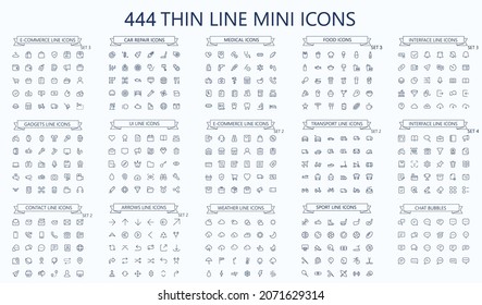444 vector thin line mini icons set. Thin line simple outline icons. Pixel Perfect. Editable stroke.