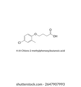 Estrutura esquelética do ácido 4-(4-cloro-2-metilfenoxi)butanóico. ilustração esquemática do composto herbicida. Diagrama simples, fórmula química.