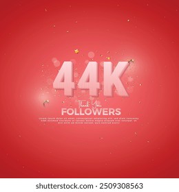 44K Celebração de seguidores, 44K Pink Número no fundo vermelho com espumante confete, Obrigado seguidores, 44k banner festivo social online, 45k
