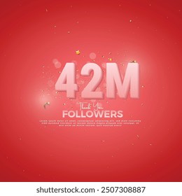 44M Follower celebration, 44M Pink Number on Red background with sparkling confetti, Thank you followers, 44M online social festive banner, 45M
