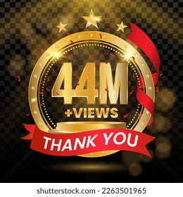 44M+ Views Logotype mit Gold und Rot Confetti einzeln auf schwarzem Hintergrund (PNG), Vektordesign für die Video-Display-Feier.