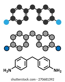 4,4'-methylenedianiline (methylenedianiline, MDA) molecule. Suspected carcinogen, on the list of substances of very high concern. Used in polyurethane production. 