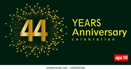 44st year anniversary celebration gold number with fireworks on green background. vector illustration