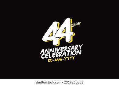 44th, 44 years, 44 year anniversary with white character with yellow shadow on black background-vector