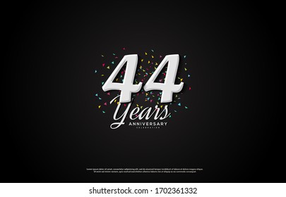 44th anniversary background with illustrations of numbers and white writing on a black background.
