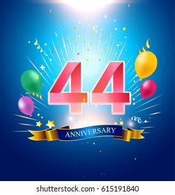 44th Anniversary with balloon, confetti, and blue background.