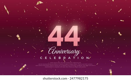 44th Anniversary celebration, 44 Anniversary celebration, Dark purple background, festive illustration,Realistic 3d sign, stars, Pink number with red ribbon 44 sparkling confetti, 44,45
