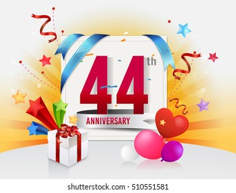 44th anniversary celebration with colorful confetti and balloon with shiny yellow background
