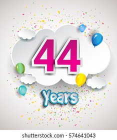 44th Anniversary Celebration Design, with clouds and balloons, confetti. Vector template elements for your, forty four years birthday celebration party.