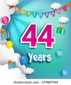44th Anniversary Celebration Design, with clouds and balloons. using Paper Art Design Style, Vector template elements for your, forty four years birthday celebration party.
