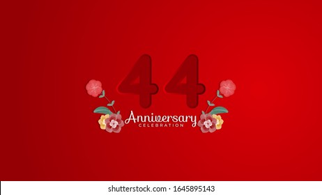 Celebración del 44° aniversario. Número de empotrador con fondo rojo degradado y decoración de flores. Diseño de fondo moderno y elegante, vector EPS 10. Puede ser usado para la compañía o la boda.