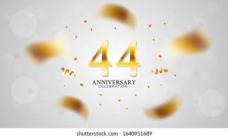 44th anniversary celebration with gold color and white background bokeh effects and sparkling confetti. modern elegant design can be used for a wedding or company. editable vector EPS 10