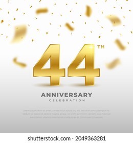 44th anniversary celebration with gold glitter color and white background. Vector design for celebrations, invitation cards and greeting cards.